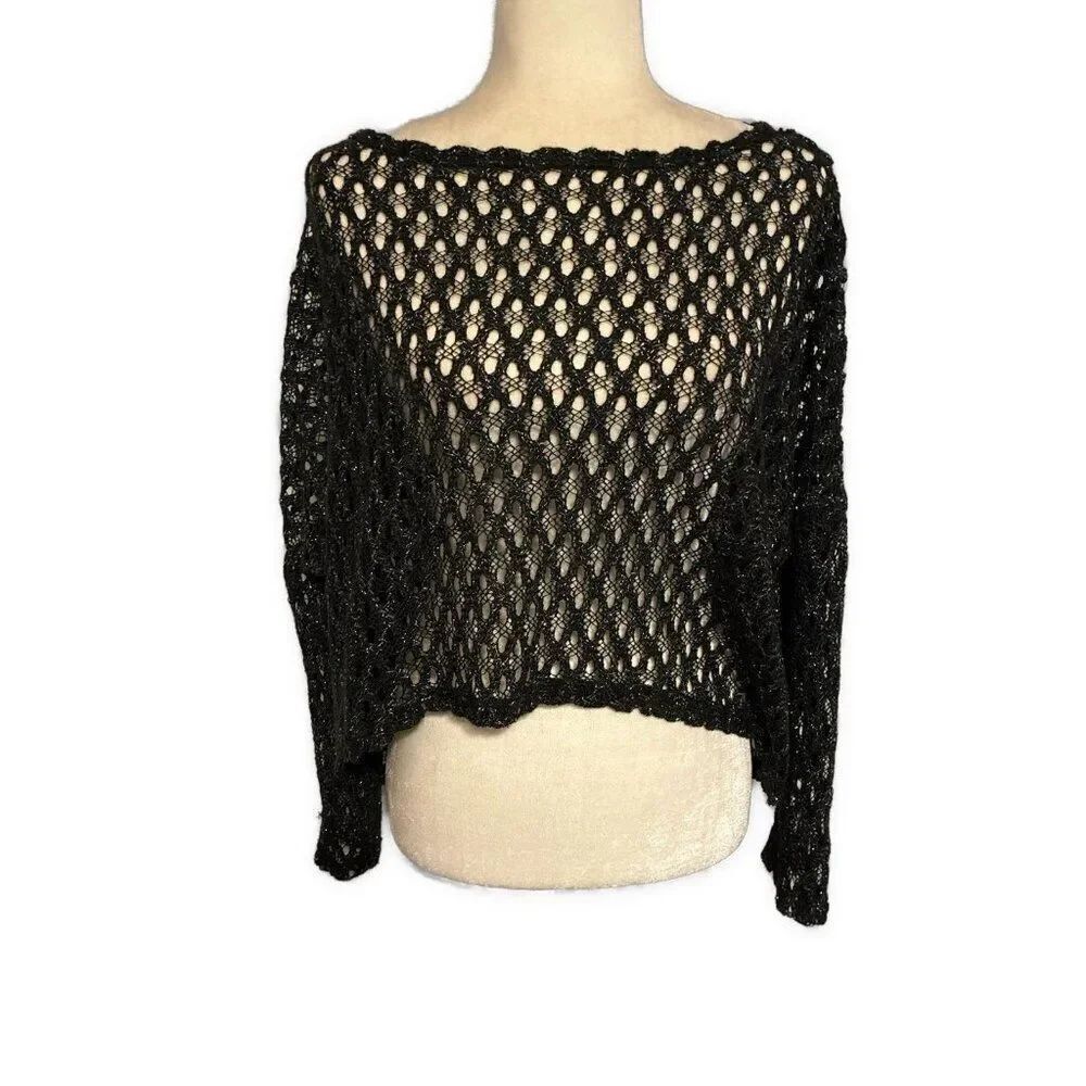 qed london black knit metallic Long Sleeve sweater Oversized Crop Medium Large